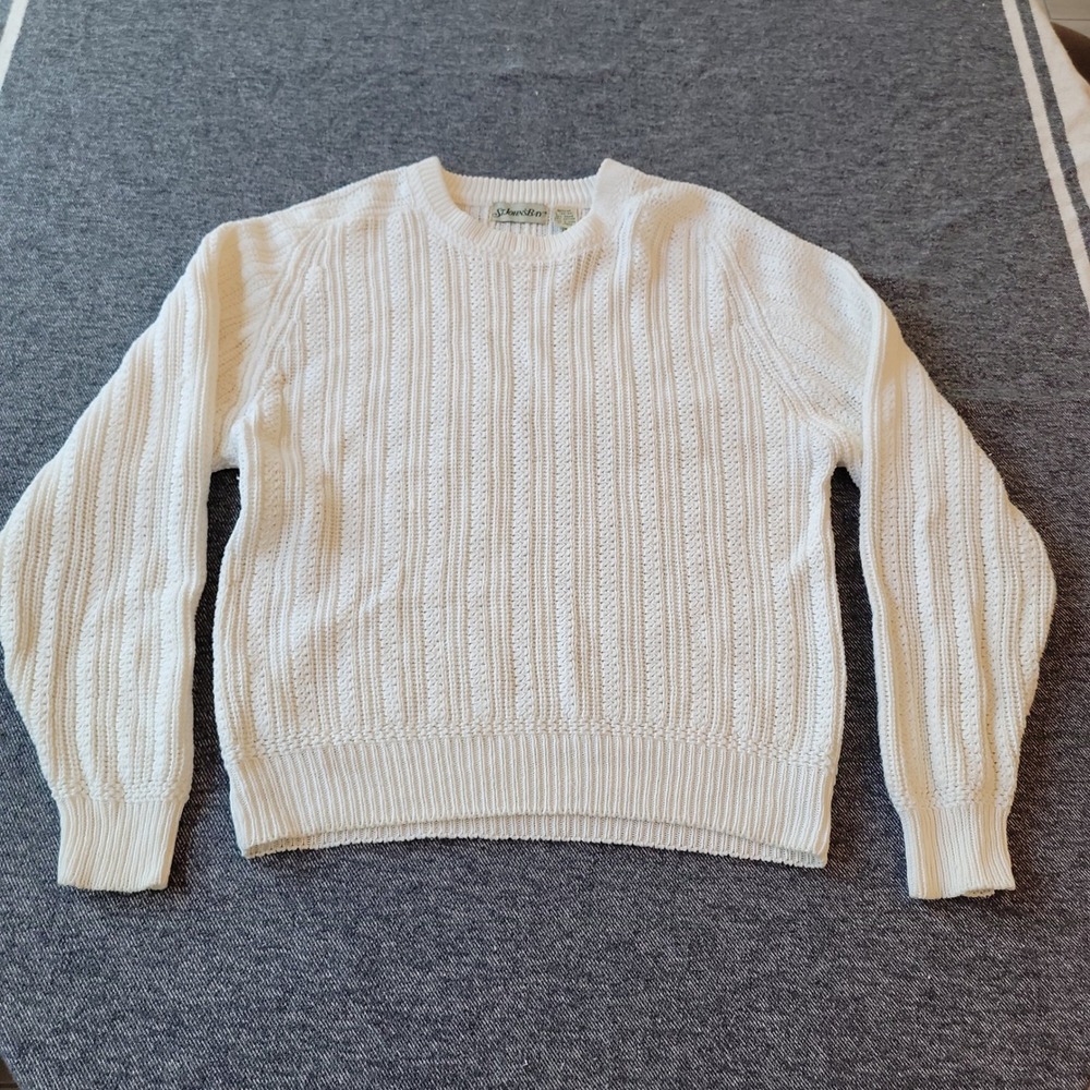St Johns Bay Sweater Mens Large Cream Ramie Cotton Ribbed Knit Chunky Crewneck